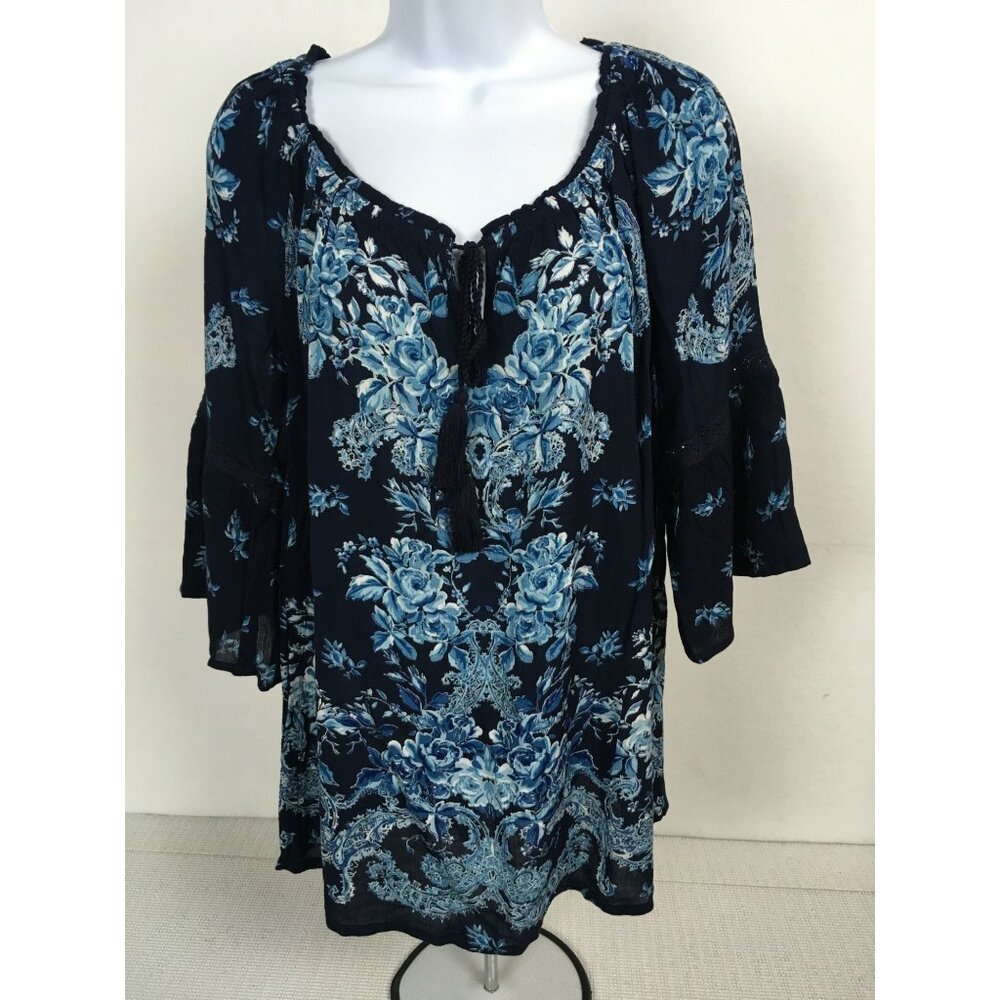 Bila Womens Blouse Size S Shades of Blue and White Floral Tassels New w Tags